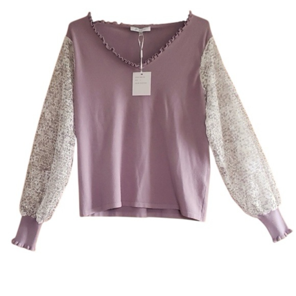 Sioni Lilac Lace/Mesh Puff Sleeve Blouse